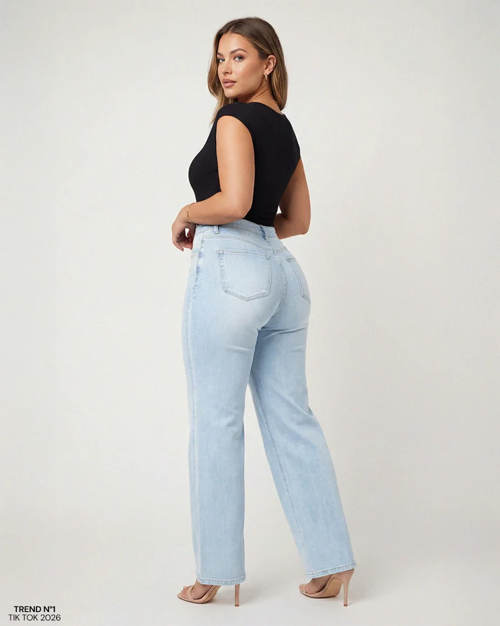 Women's BBL Wide Leg Jeans - High Waisted Butt Lifting Straight Denim, Plus Size, Zero Posterior Gap, Stretchy Slimming Fit