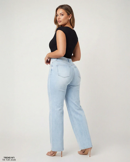 Women's BBL Wide Leg Jeans - High Waisted Butt Lifting Straight Denim, Plus Size, Zero Posterior Gap, Stretchy Slimming Fit