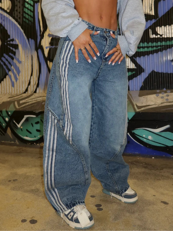 2026 New Unisex Side Stripe Barrel Denim Jeans for Men Women Curved Leg Baggy Trousers High Rise Street Style