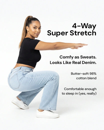Women's BBL Wide Leg Jeans - High Waisted Butt Lifting Straight Denim, Plus Size, Zero Posterior Gap, Stretchy Slimming Fit