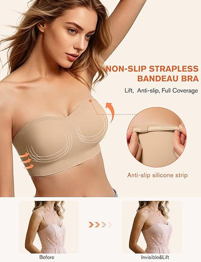 Strapless Bras for Women Non-Slip Bandeau Bra Push Up Invisible Bralettes Seamless Wireless No Underwire Padded Tube Top Bra