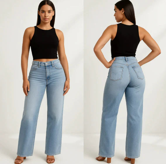 Women's BBL Wide Leg Jeans - High Waisted Butt Lifting Straight Denim, Plus Size, Zero Posterior Gap, Stretchy Slimming Fit