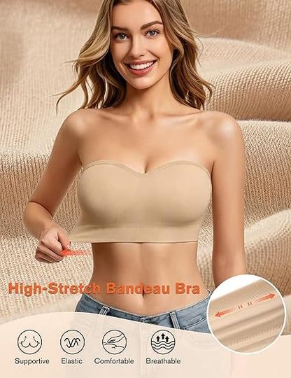 Strapless Bras for Women Non-Slip Bandeau Bra Push Up Invisible Bralettes Seamless Wireless No Underwire Padded Tube Top Bra