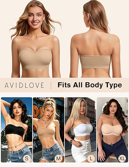 Strapless Bras for Women Non-Slip Bandeau Bra Push Up Invisible Bralettes Seamless Wireless No Underwire Padded Tube Top Bra