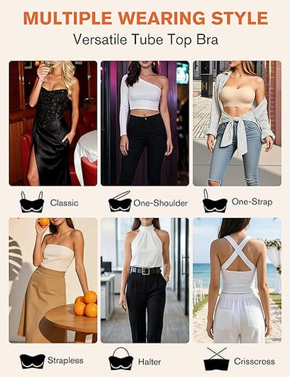 Strapless Bras for Women Non-Slip Bandeau Bra Push Up Invisible Bralettes Seamless Wireless No Underwire Padded Tube Top Bra