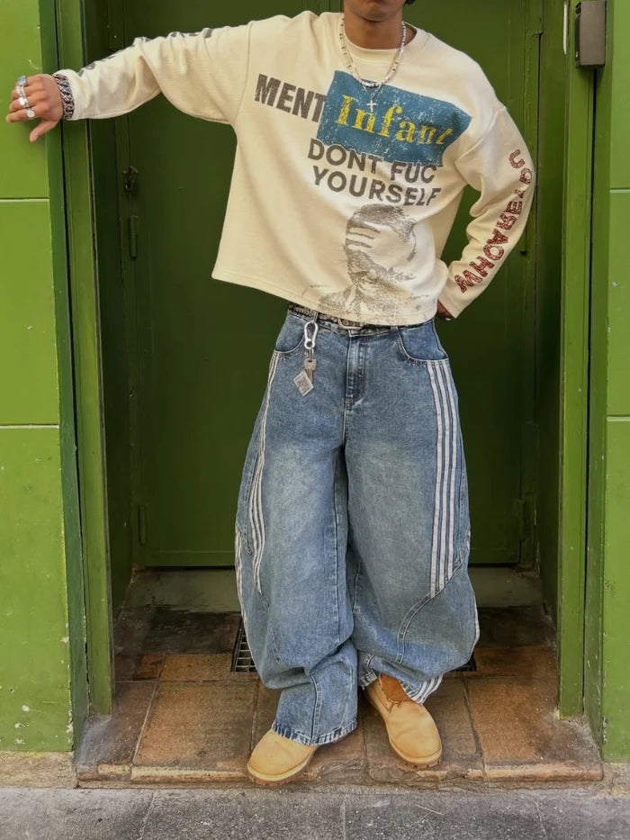 2026 New Unisex Side Stripe Barrel Denim Jeans for Men Women Curved Leg Baggy Trousers High Rise Street Style