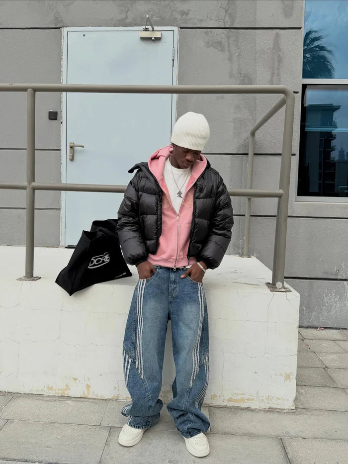 2026 New Unisex Side Stripe Barrel Denim Jeans for Men Women Curved Leg Baggy Trousers High Rise Street Style