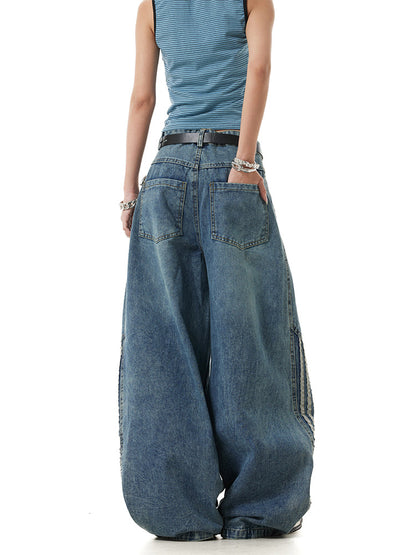 2026 New Unisex Side Stripe Barrel Denim Jeans for Men Women Curved Leg Baggy Trousers High Rise Street Style