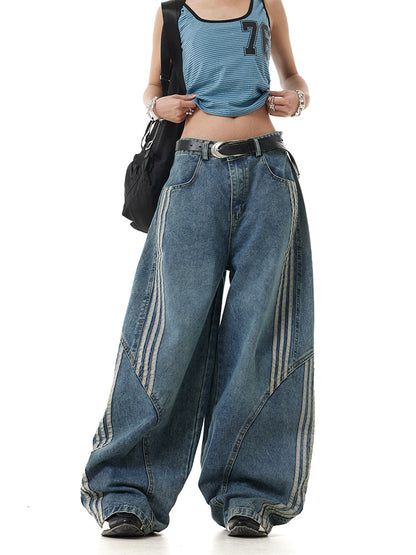 2026 New Unisex Side Stripe Barrel Denim Jeans for Men Women Curved Leg Baggy Trousers High Rise Street Style