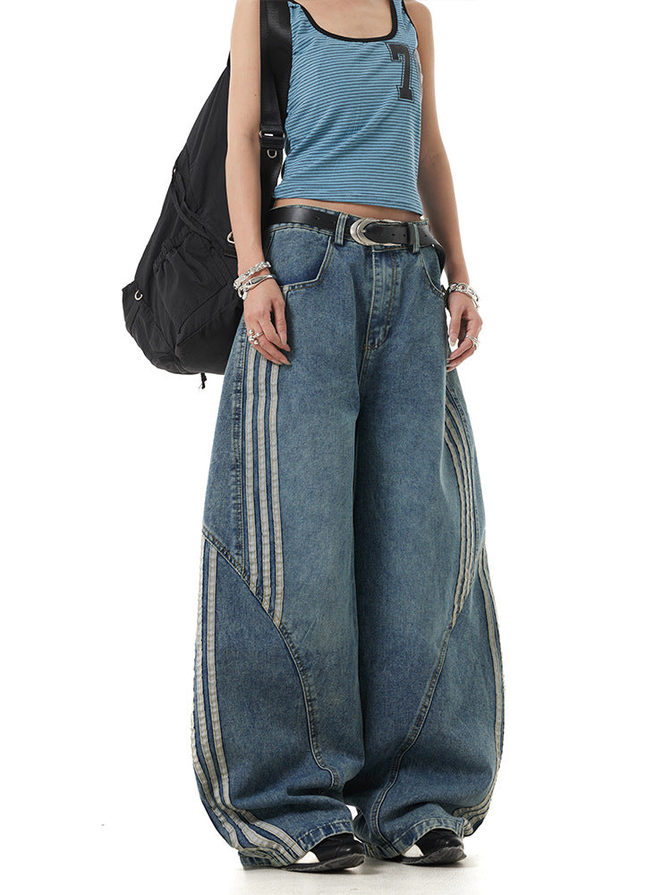 2026 New Unisex Side Stripe Barrel Denim Jeans for Men Women Curved Leg Baggy Trousers High Rise Street Style