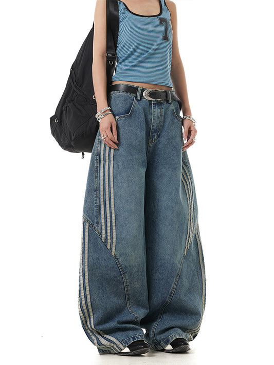 2026 New Unisex Side Stripe Barrel Denim Jeans for Men Women Curved Leg Baggy Trousers High Rise Street Style