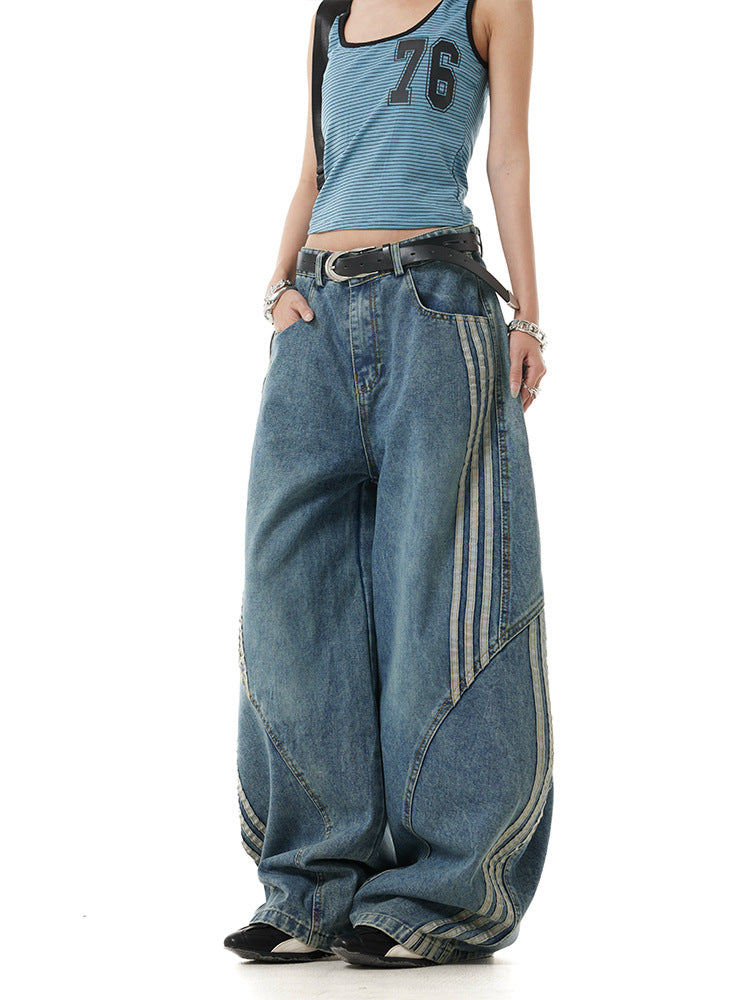 2026 New Unisex Side Stripe Barrel Denim Jeans for Men Women Curved Leg Baggy Trousers High Rise Street Style